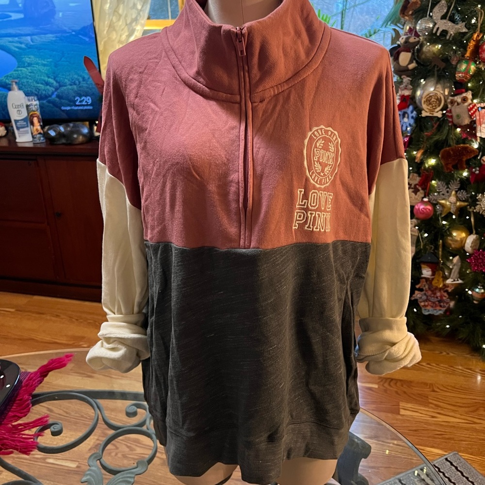 Victoria’s Secret PINK Collegiate Half Zip Size L Pink Ivory and Grey